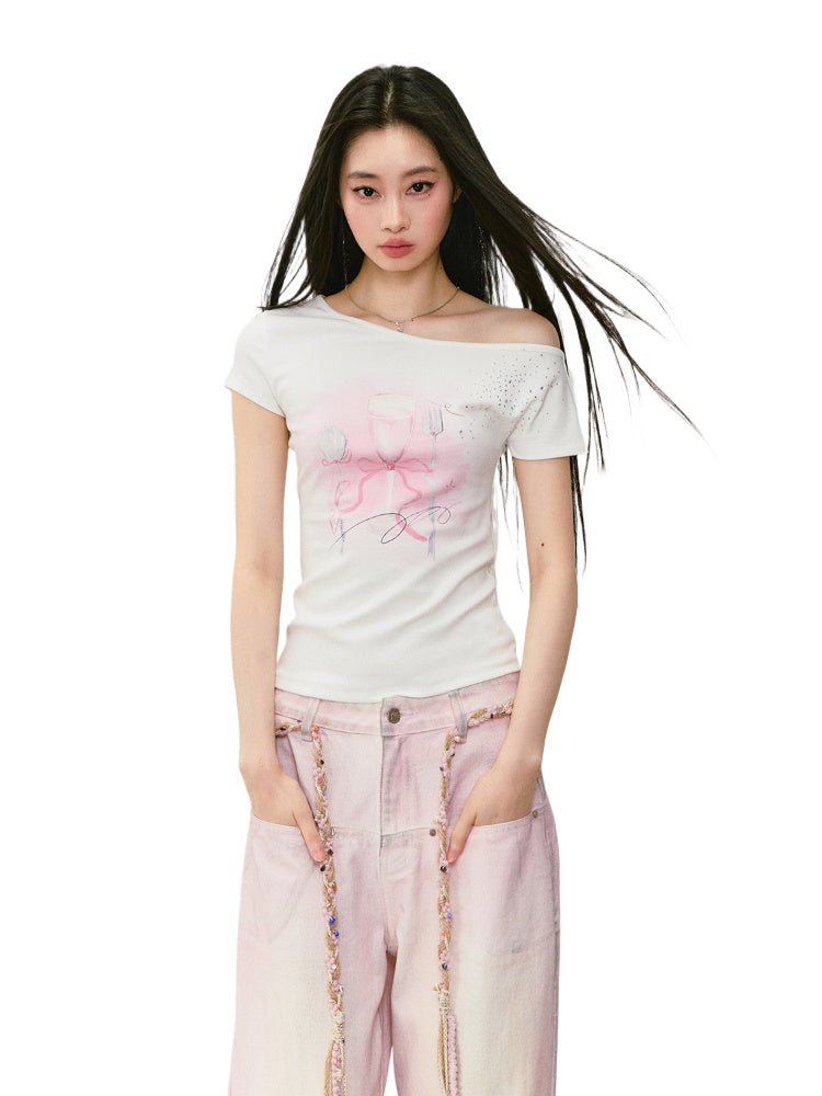 Printed Rhinestone Asymmetric Shoulder T-shirt - CHINASQUAD