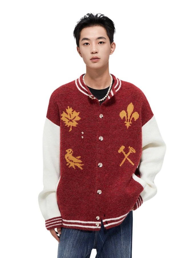 Vintage Crest Jacquard Knit Cardigan - CHINASQUAD