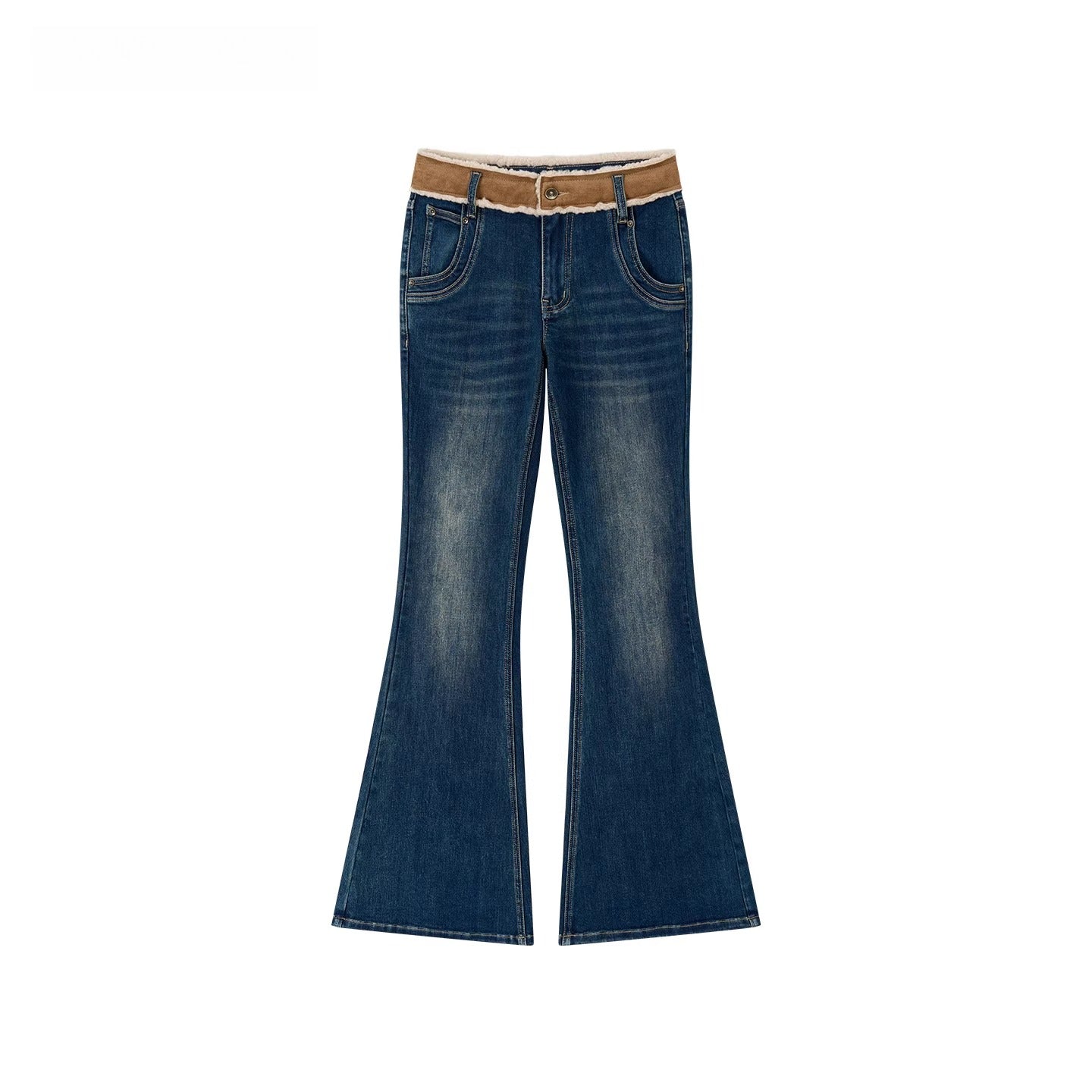 Contrast Panel Faux Fur Waist  Flare Jeans