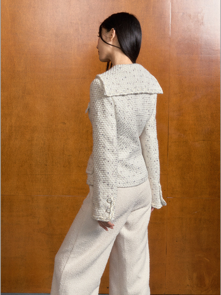 Navy Collar White Tweed Jacket - CHINASQUAD