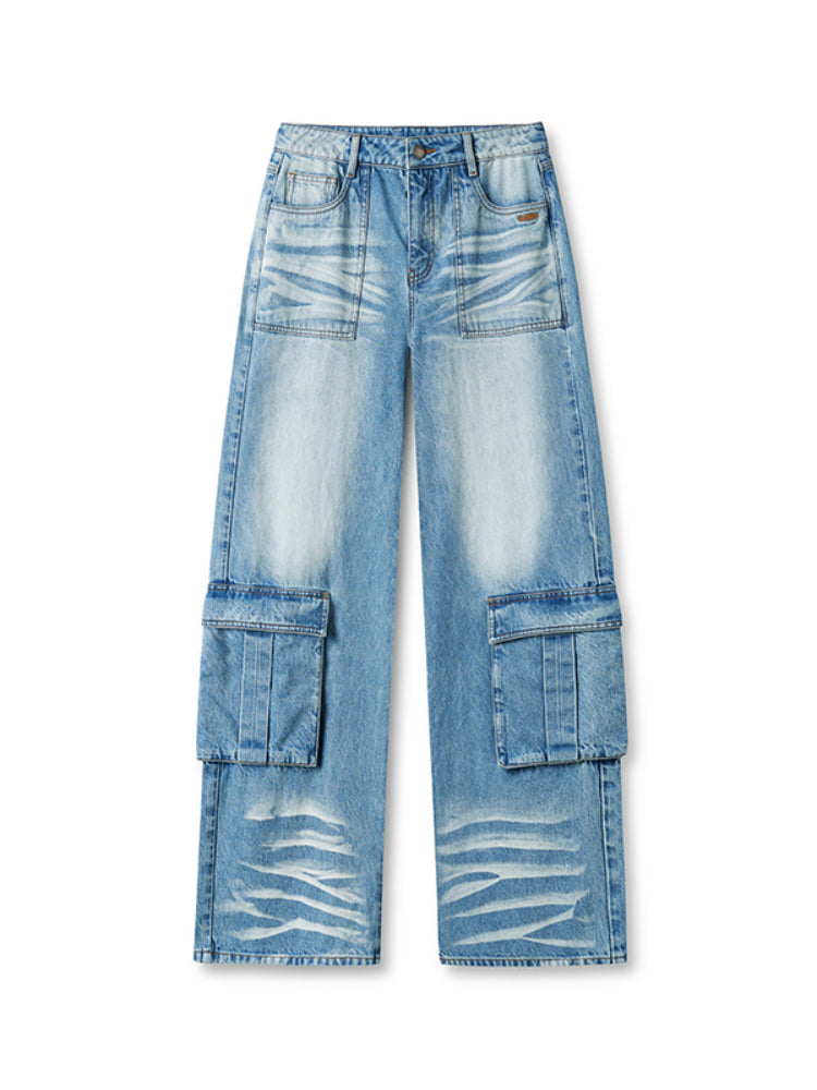 Washed Twill Denim Whisker Wide-leg Jeans - CHINASQUAD