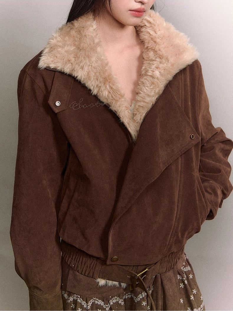 Original Suede Shearling Moto Oversized Lapel Jacket - CHINASQUAD