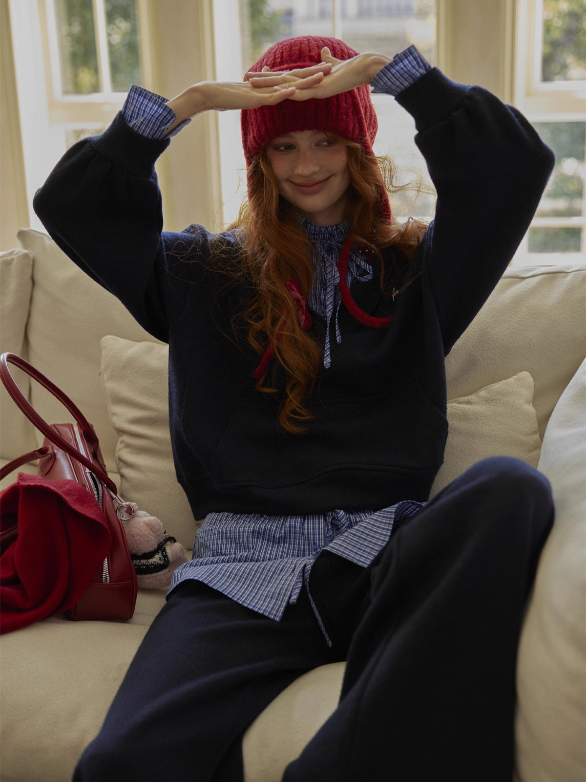 Three-Piece Set Plaid Patchwork Layered Sweatshirt & Bottom Set - CHINASQUAD