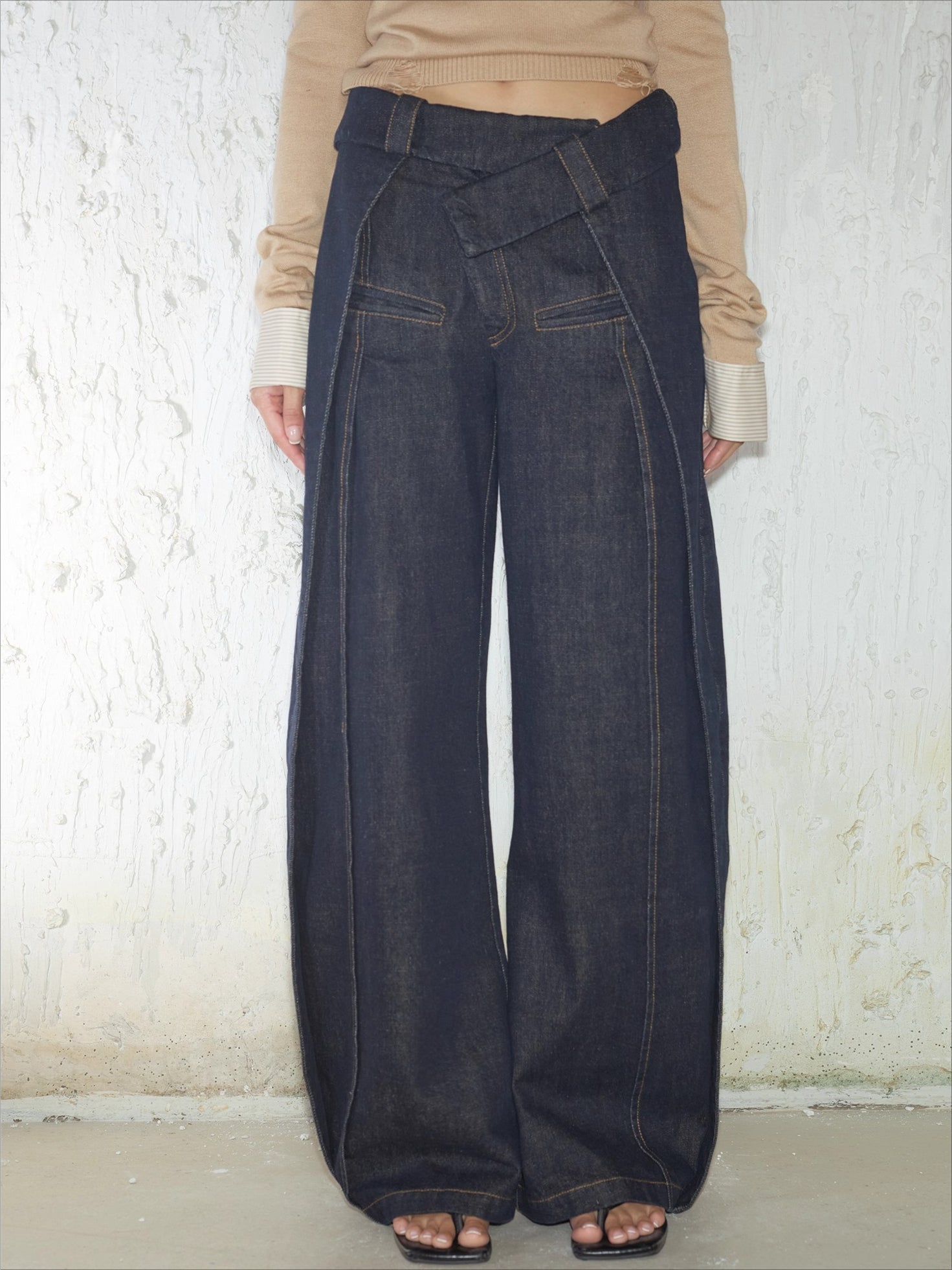 Irregular Folded-Waist Wide-Leg Trousers
