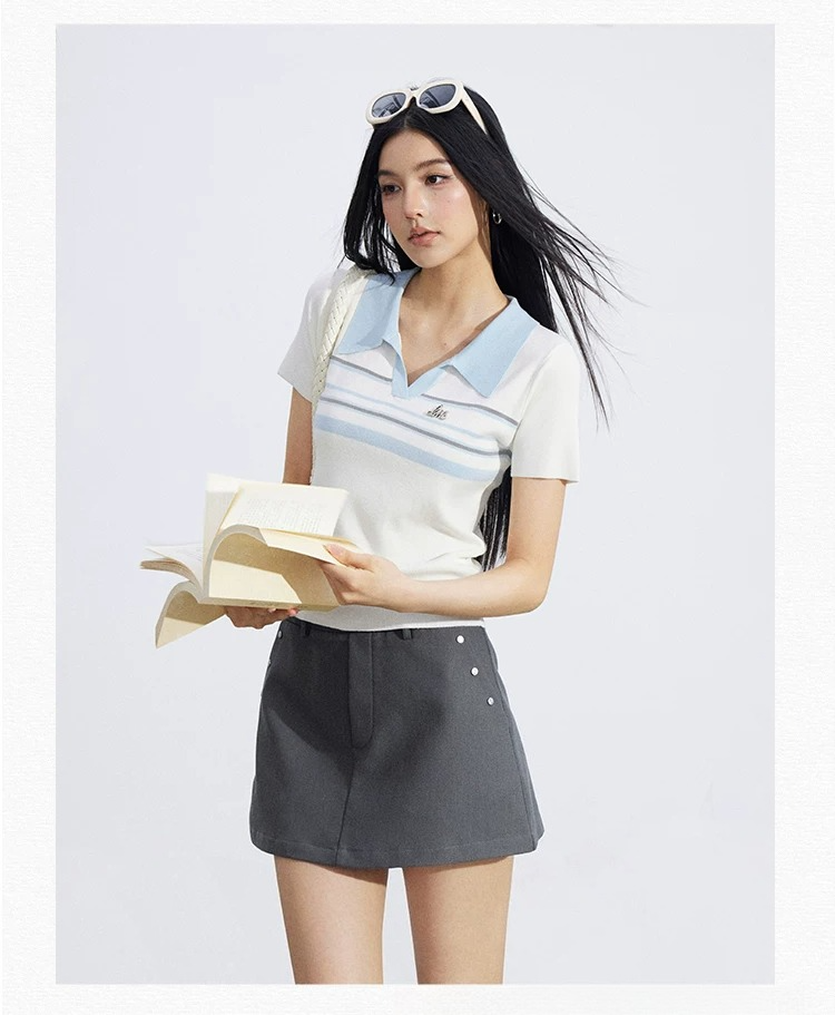 Striped Contrast Collar Ice Silk Polo Top