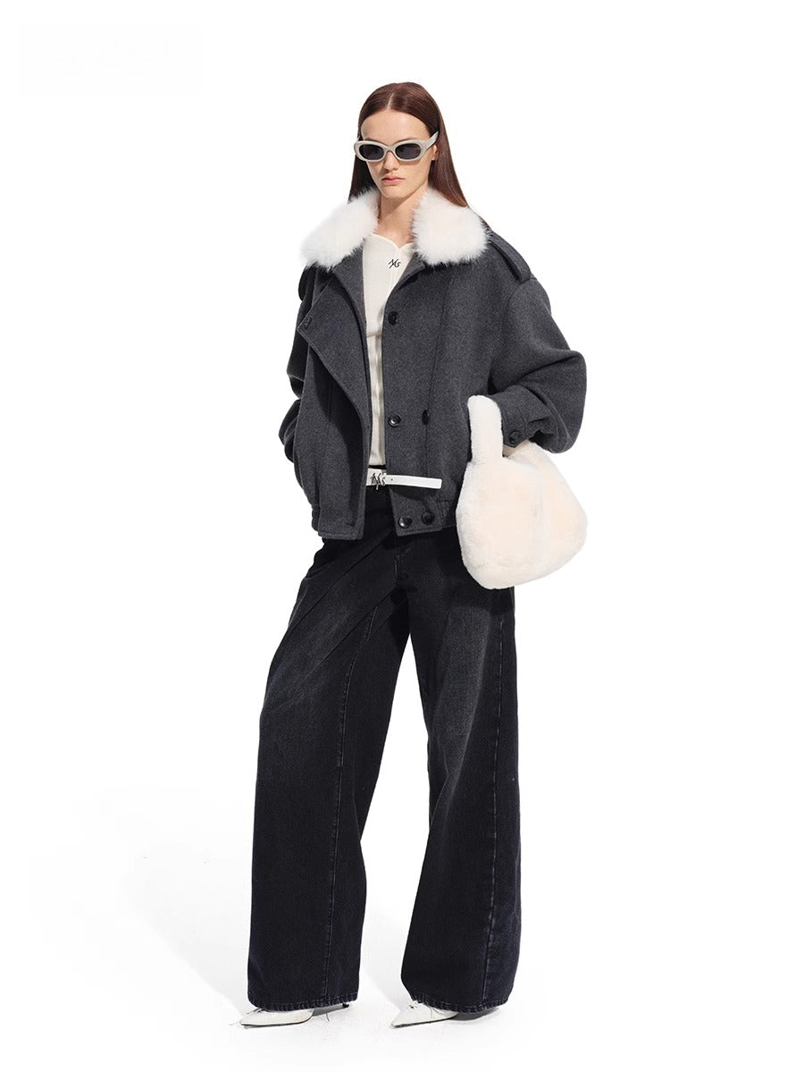 Faux Fox Fur Wool-Blend Aviator Jacket - CHINASQUAD