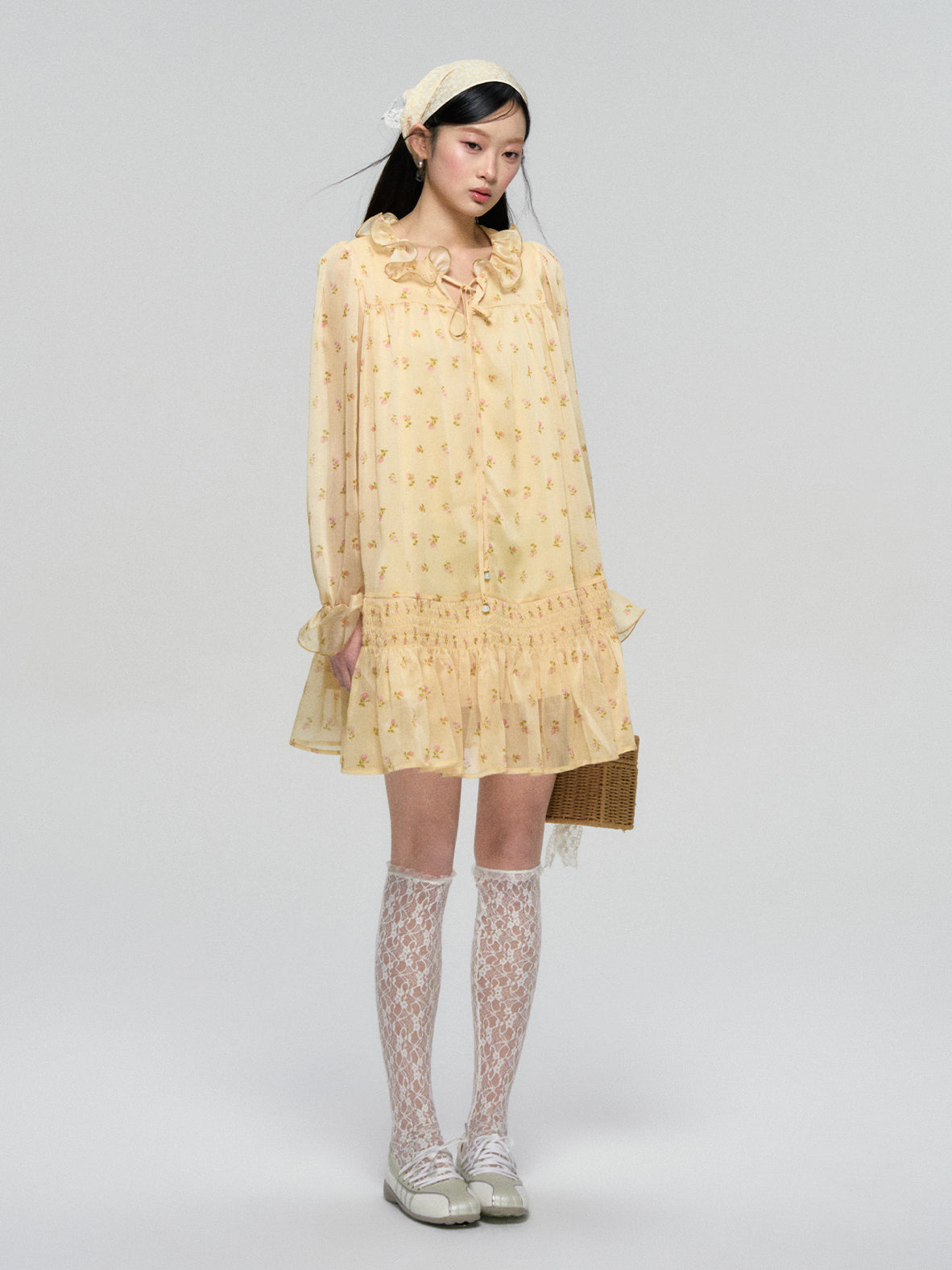 Ruffled Floral Long Sleeve Dress - CHINASQUAD