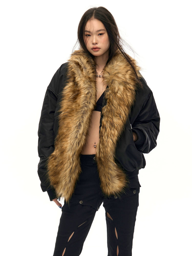 Fur Collar Oversized Down Flight Jacket - CHINASQUAD