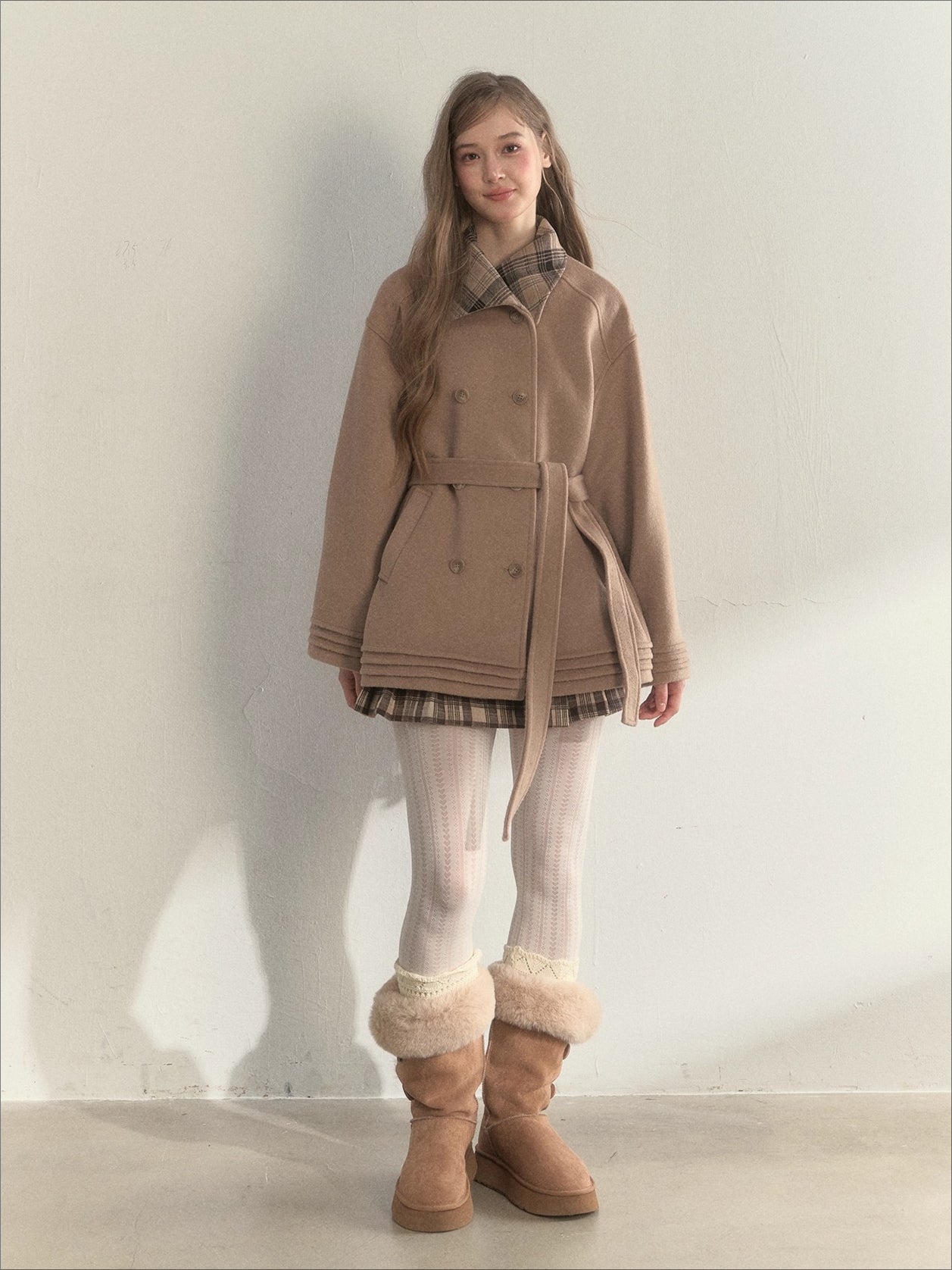 Khaki & Misty Pink Plaid Collar & Belt Wool Coat