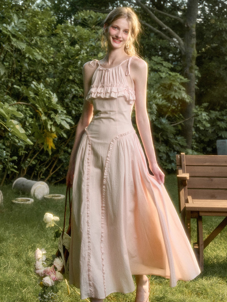 Washed Cotton Halter Long Dress - CHINASQUAD