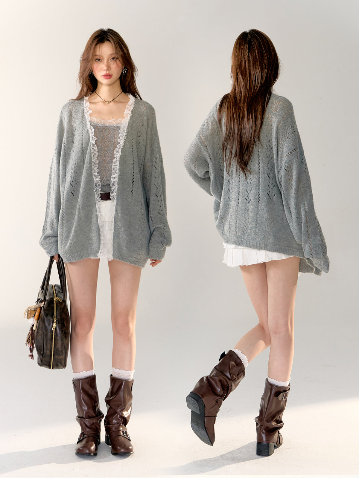 Gray & Purple Lace Trim Cardigan - CHINASQUAD