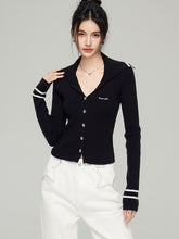 Navy Collar Ribbed Knit Cardigan  - CHINASQUAD