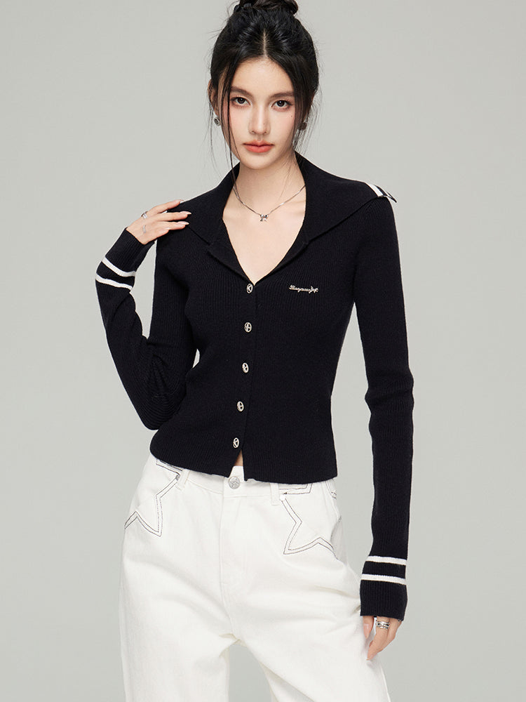 Navy Collar Ribbed Knit Cardigan  - CHINASQUAD