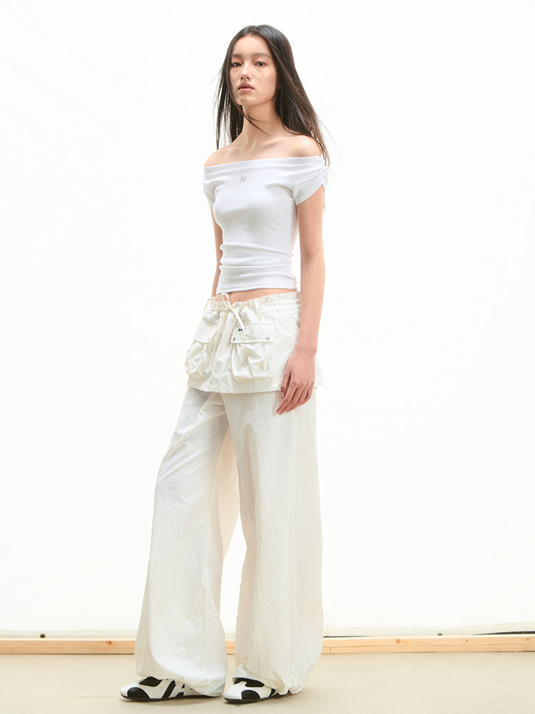 Faux Two-Piece Low-Waist Loose Drawstring Pants - CHINASQUAD