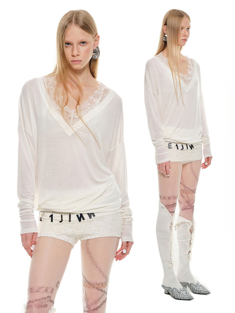 V-Neck Lace Trim Layered Blouse - CHINASQUAD