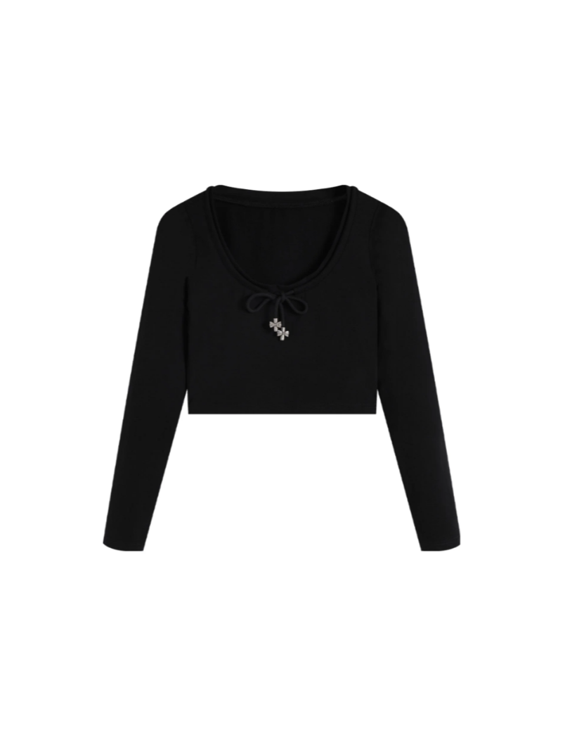 Bow Low-Cut Long-Sleeved Top