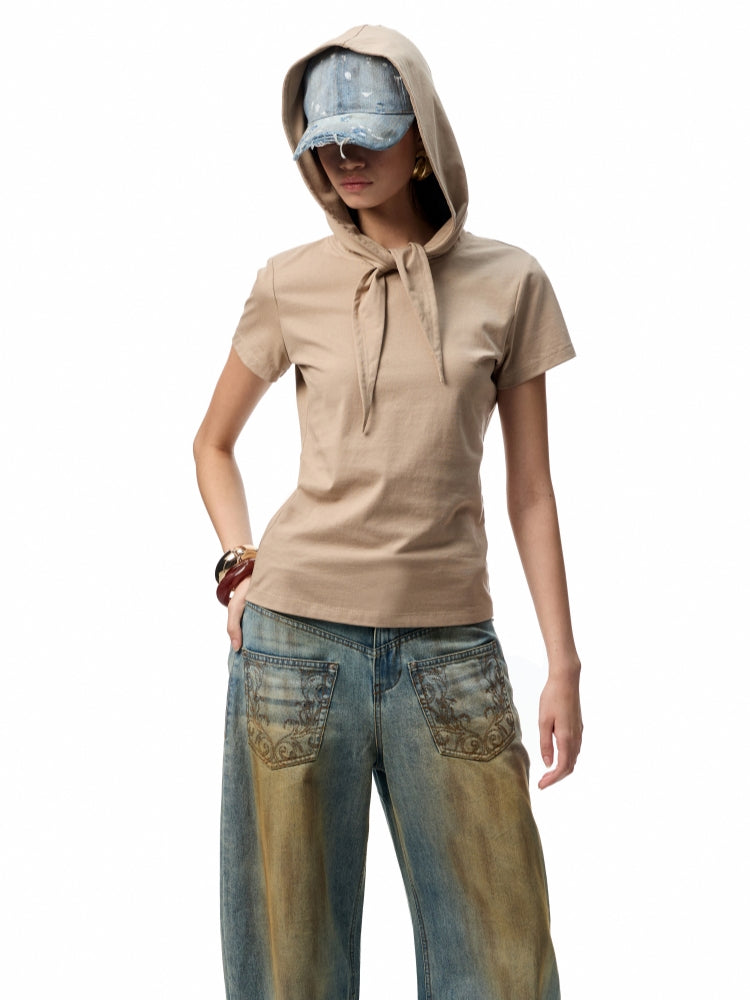 Hooded Bow Solid-Color T-shirt - CHINASQUAD