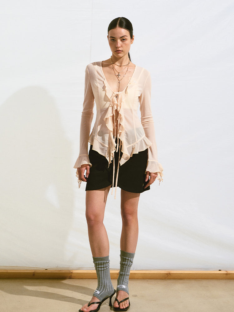 V-Neck Ruffle Mesh Overlay Top - CHINASQUAD