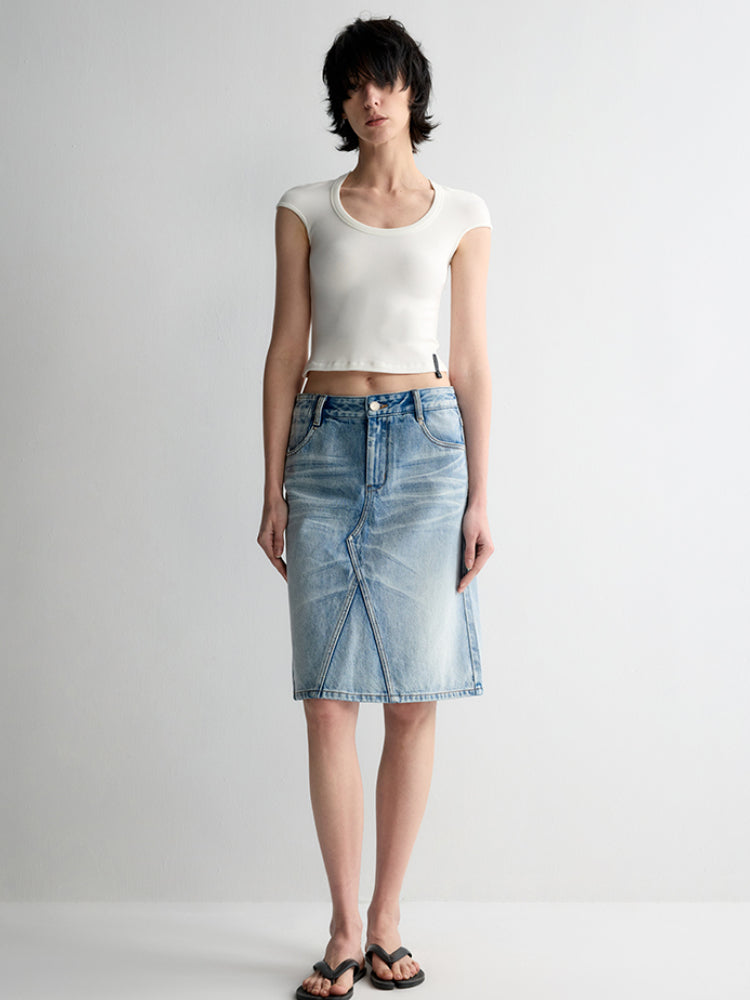 Deep U-Neck Ruffled Short Sleeve T-shirt