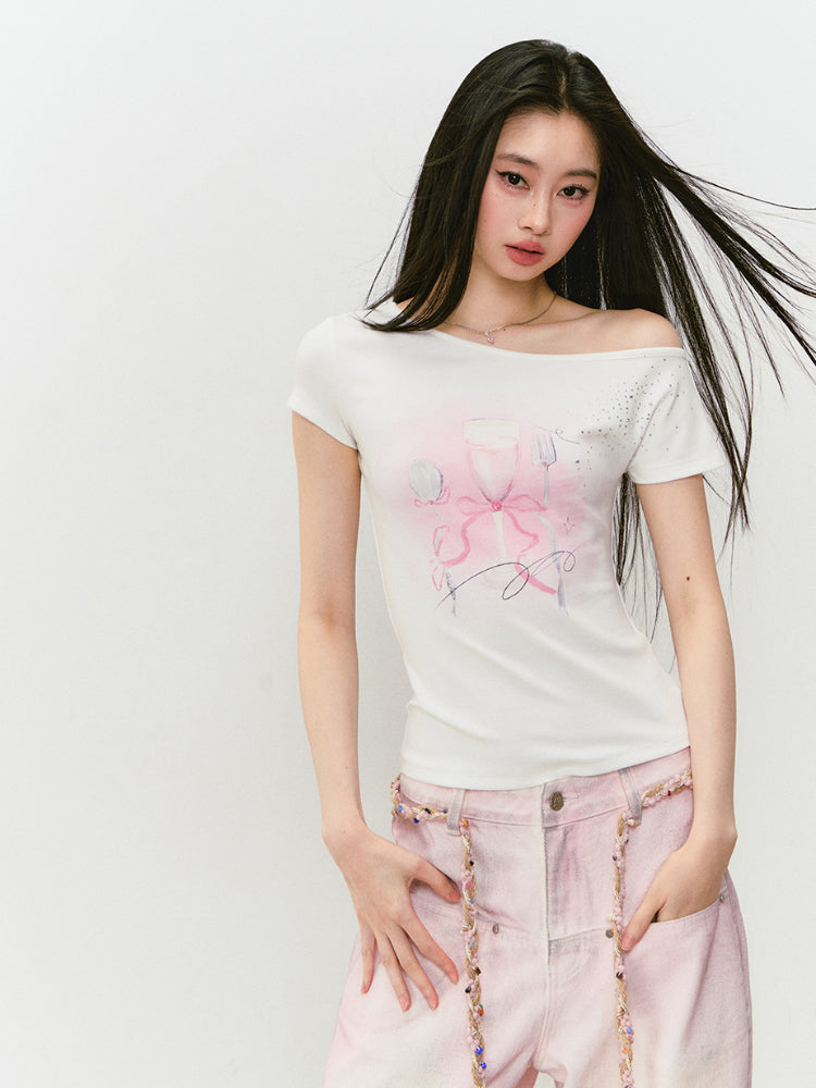 Printed Rhinestone Asymmetric Shoulder T-shirt - CHINASQUAD