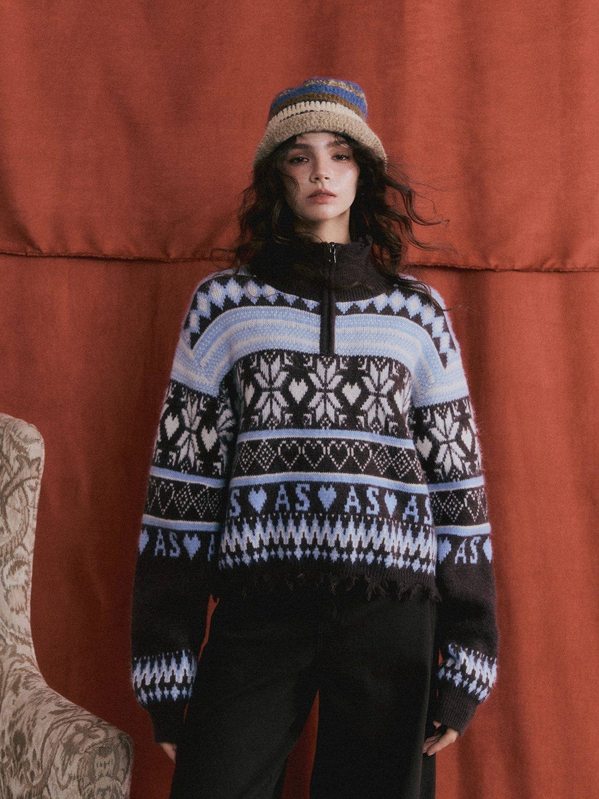 Vintage Fair Isle Half-Zip Fringe Hem Sweater