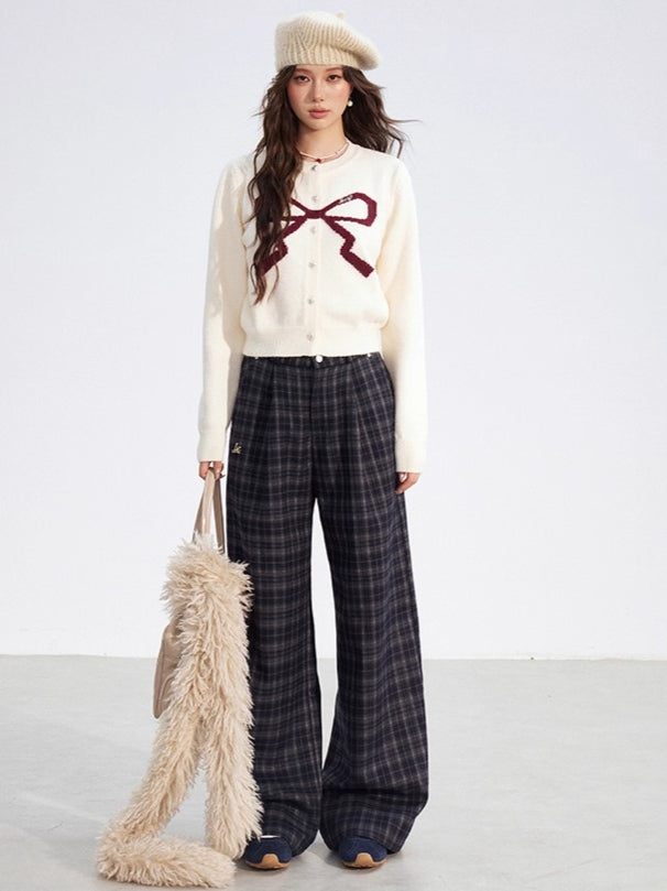 Plaid Fleece-Lined Wide-Leg Trousers