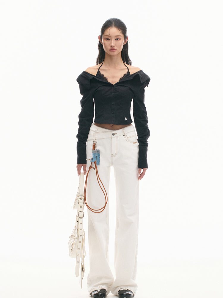 Two-in-One Off-Shoulder Slim-Fit Long-Sleeve Cotton Shirt - CHINASQUAD