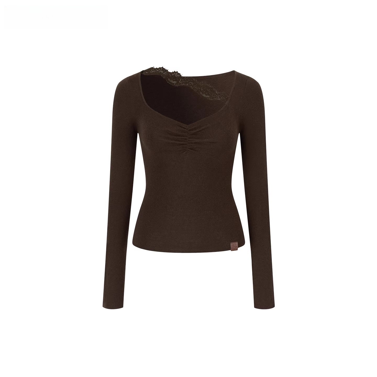 Ruched Lace-Trim Fitted Knit T-Shirt