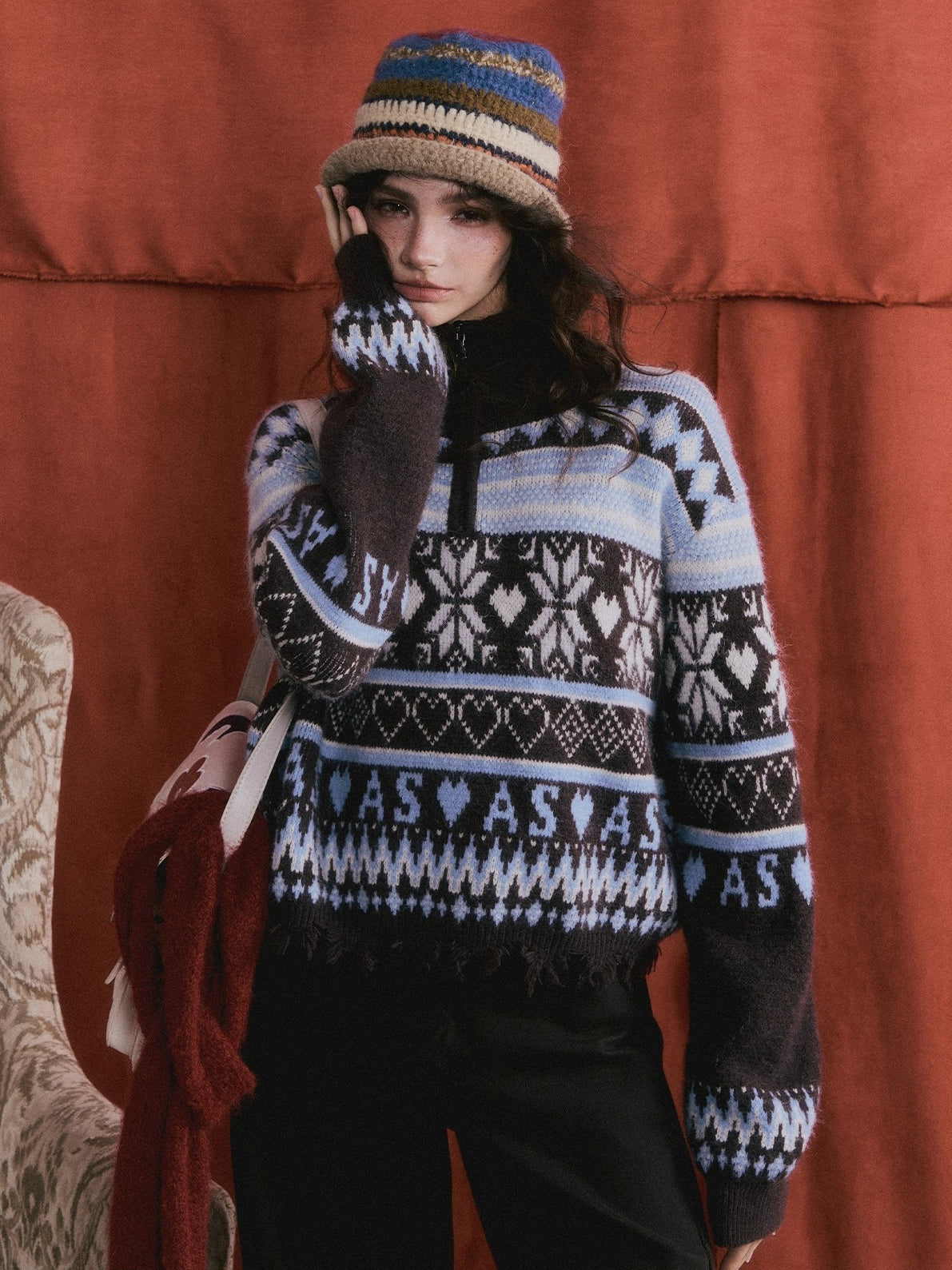 Vintage Fair Isle Half-Zip Fringe Hem Sweater