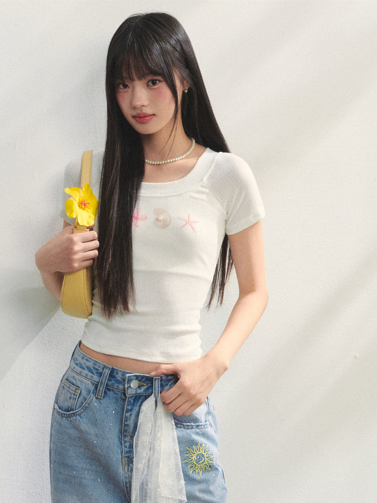 Crew Neck Printed Backless Embroidered T-Shirt - CHINASQUAD