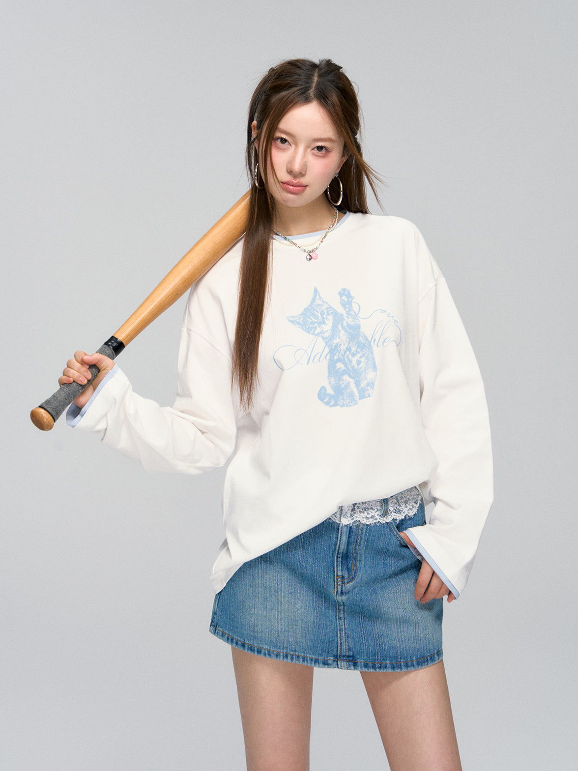 Blue Lace-Trim Denim Skirt - CHINASQUAD