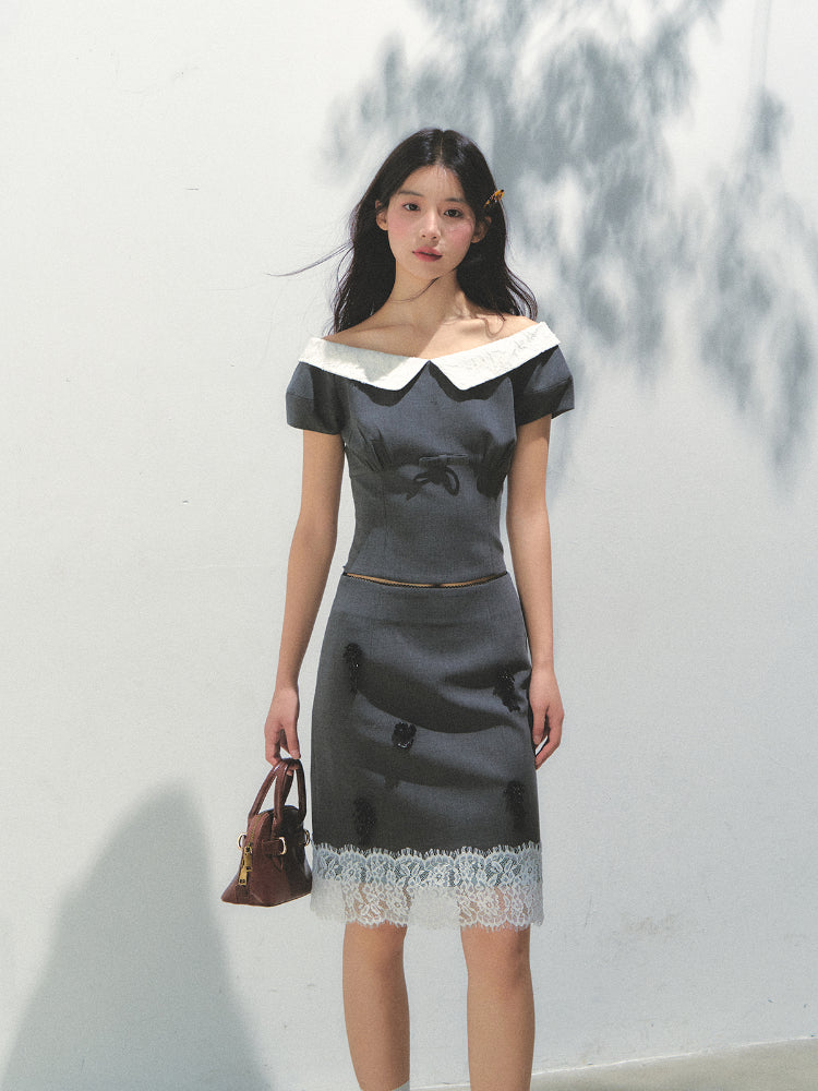 Dark Gray Princess Sleeve Top & skirt set - CHINASQUAD