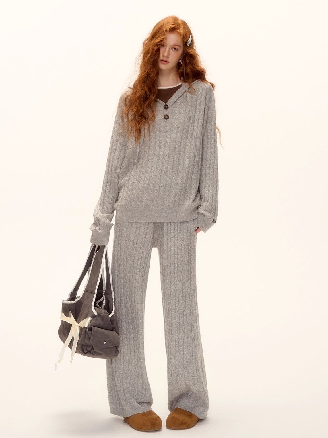 Wool Blend Cable Knit Hoodie & Wide-Leg Pants Set