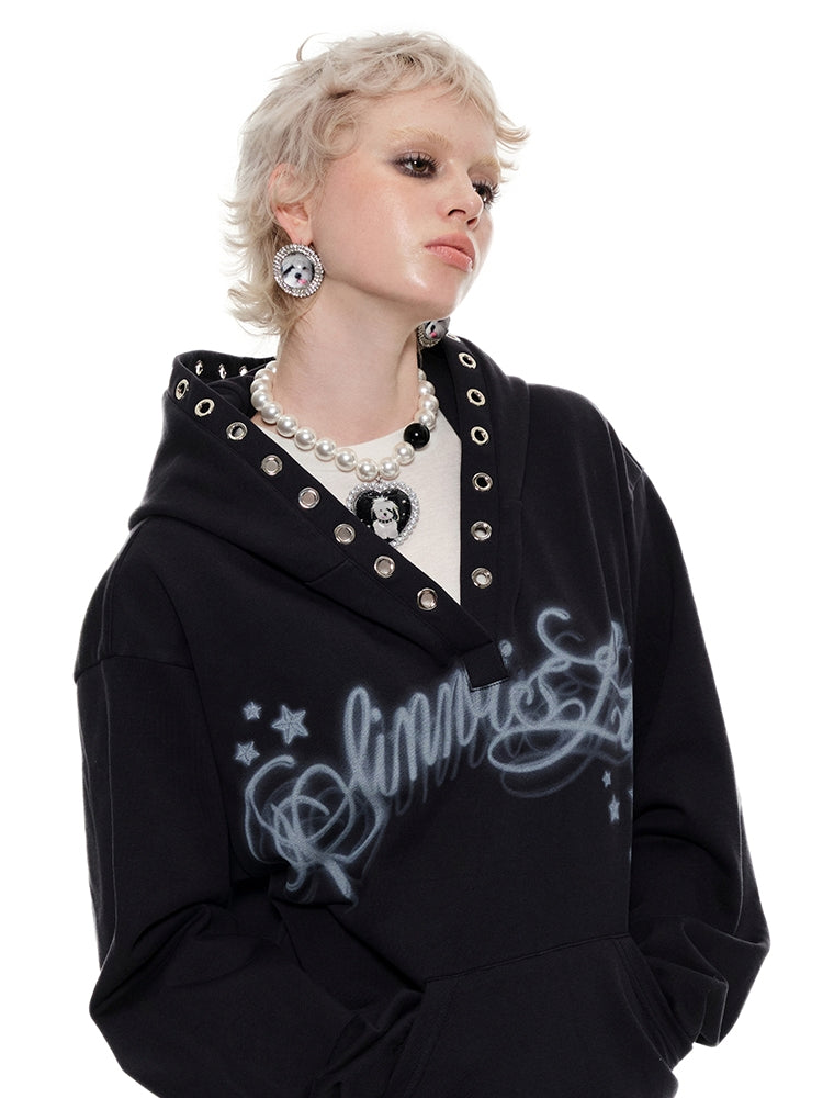 Loose Hooded Eyelet Print Sweatshirt - CHINASQUAD