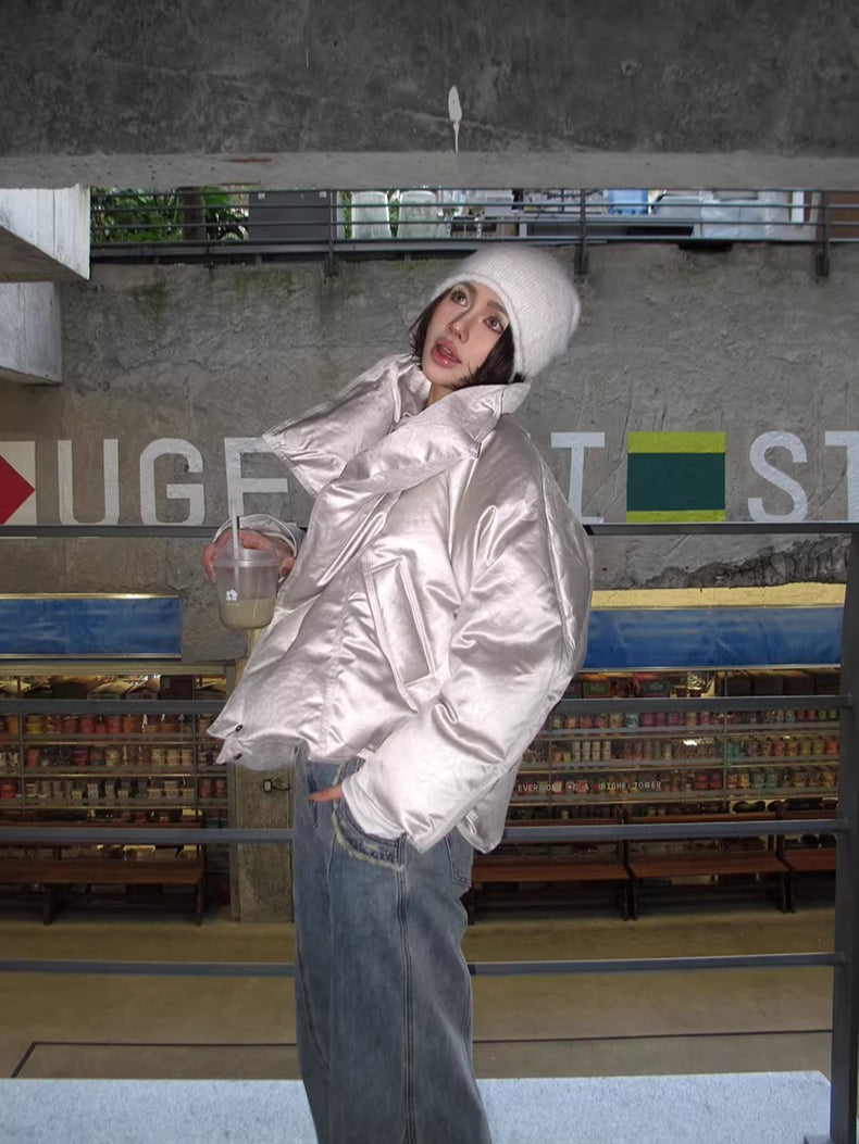 Oversized Leather-Texture Down Jacket