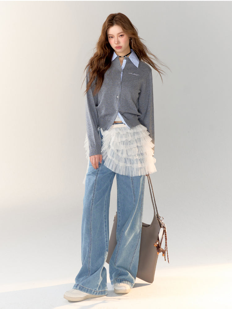 Stripe Patchwork Dark Grey Knitted Cardigan - CHINASQUAD