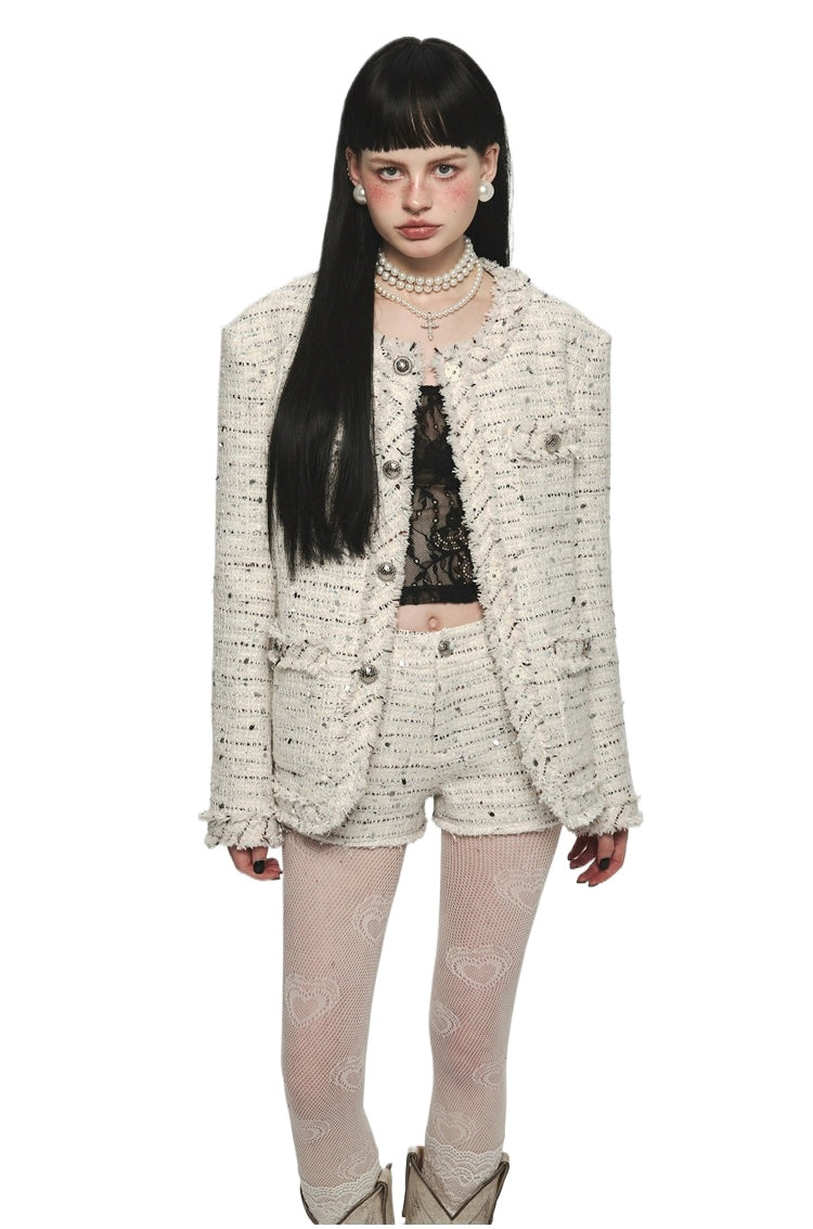White Tweed Jacket & Shorts Set