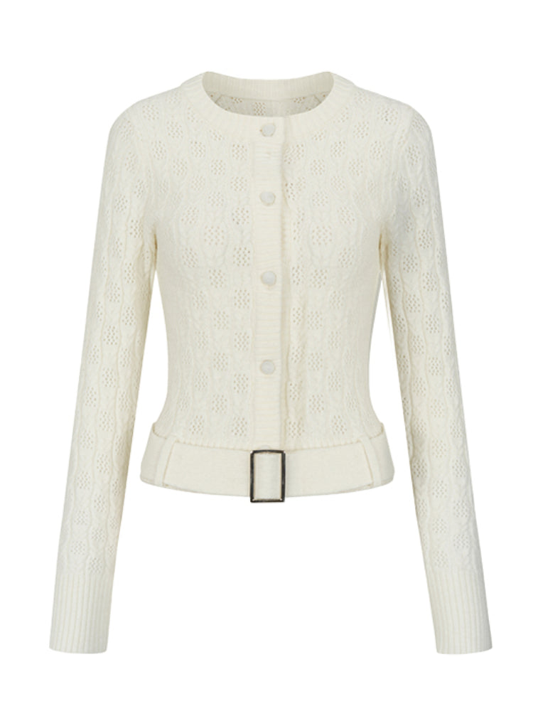 Belted Hollow Out Knit Sweater - CHINASQUAD