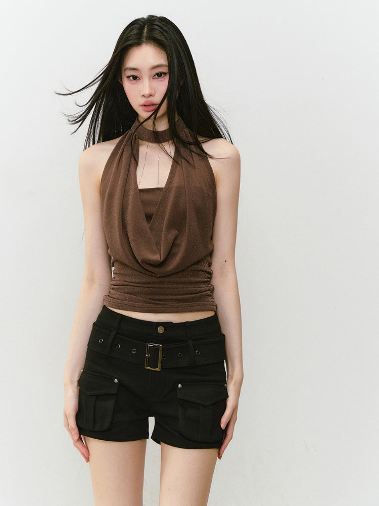 Chain Swing-neck Halter Neckline-gathered Waist Tank Top - CHINASQUAD