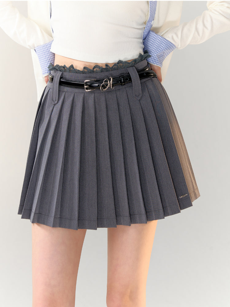 Gray Lace-Trimmed Pleated Suit Skirt - CHINASQUAD