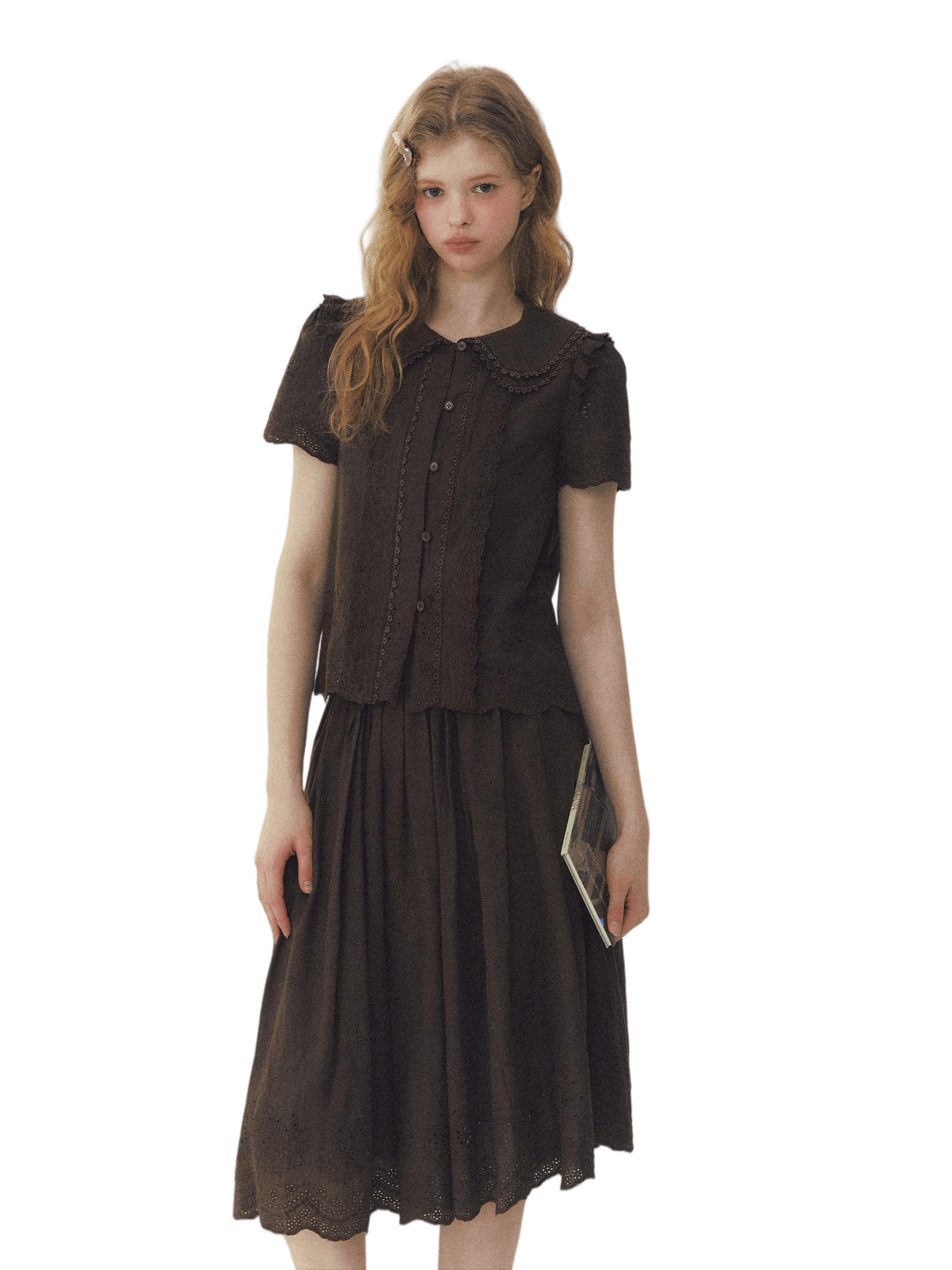 Peter Pan Collar Shirt & Midi Skirt Set