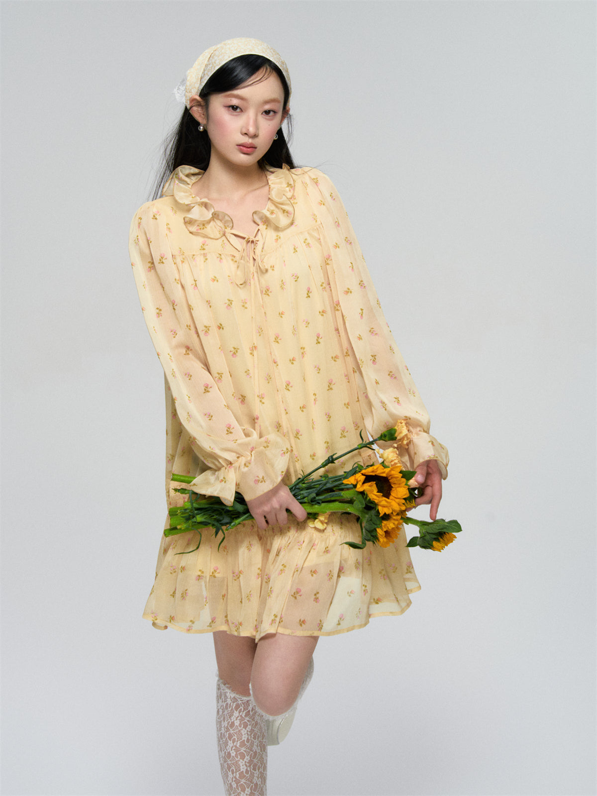 Ruffled Floral Long Sleeve Dress - CHINASQUAD