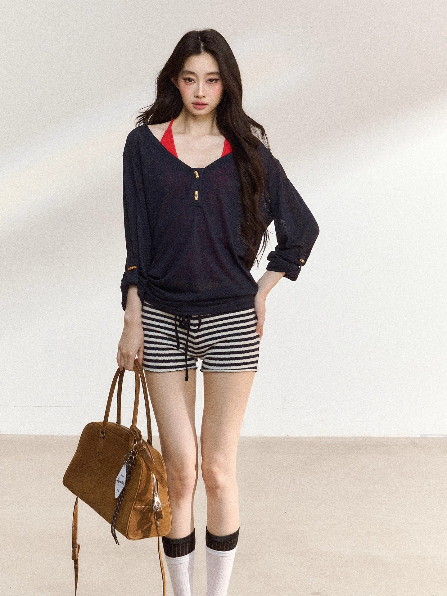 Stripes Contrast Knit Low-Rise Mini Shorts - CHINASQUAD