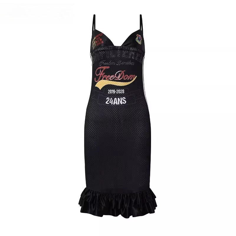 Letter-Print Lace-Trim Jersey Strap Dress