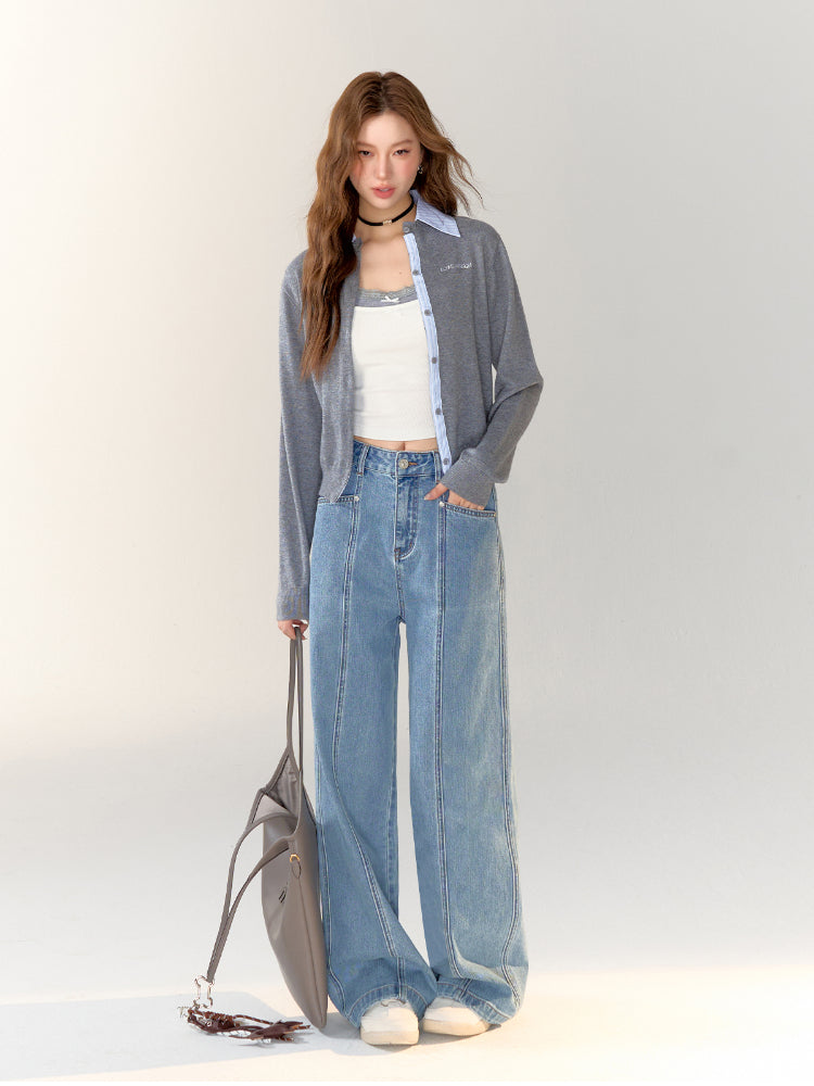 Stripe Patchwork Dark Grey Knitted Cardigan - CHINASQUAD