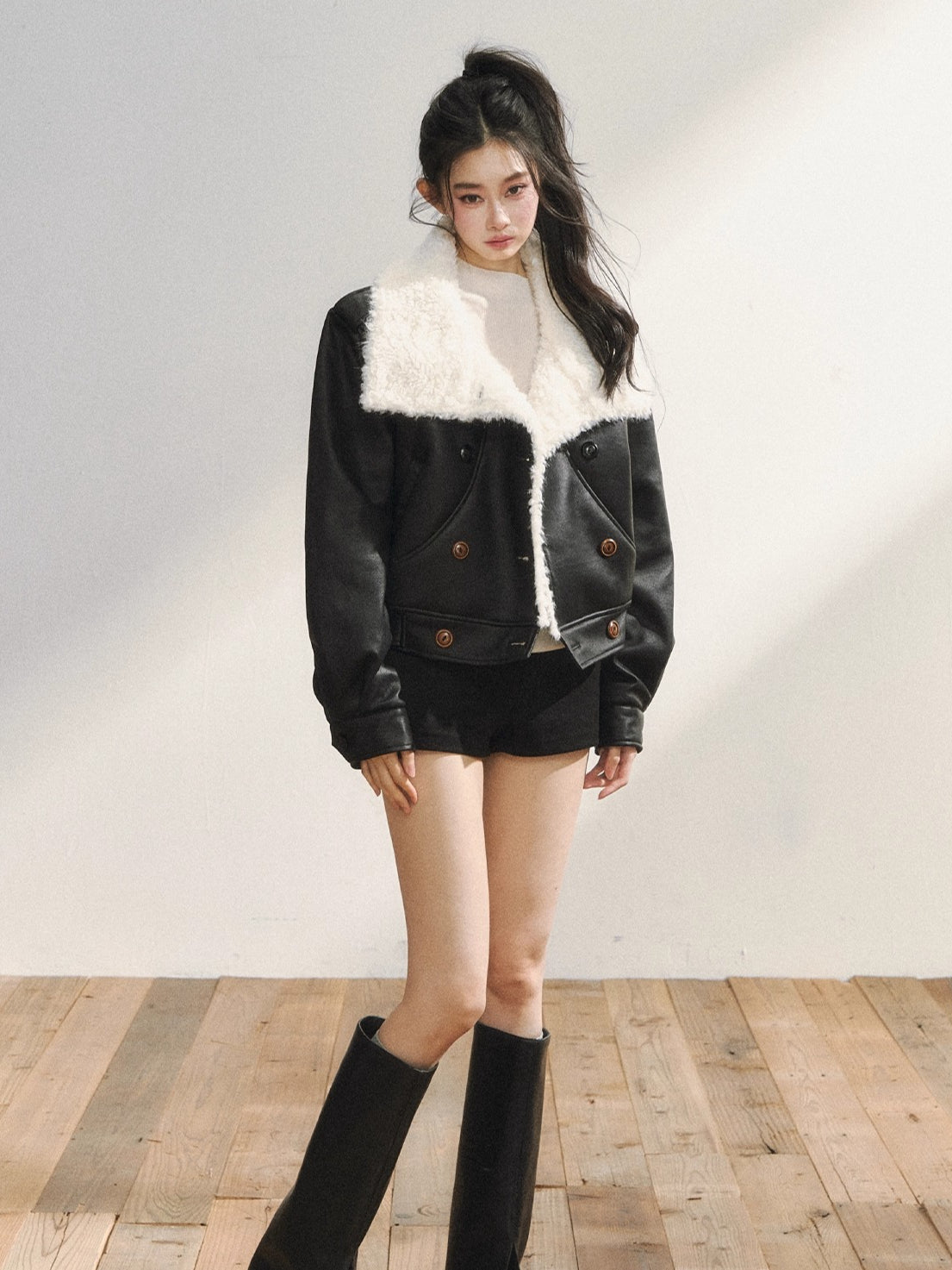 Black Faux Shearling Double-Breasted Leather Jacket