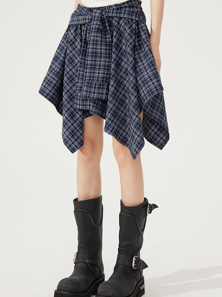 Plaid Tie Up Irregular Shirt Skirt - CHINASQUAD