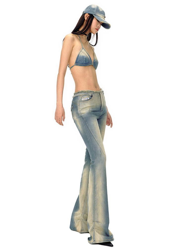 Heavy Washed High-Stretch Flared Jeans - CHINASQUAD