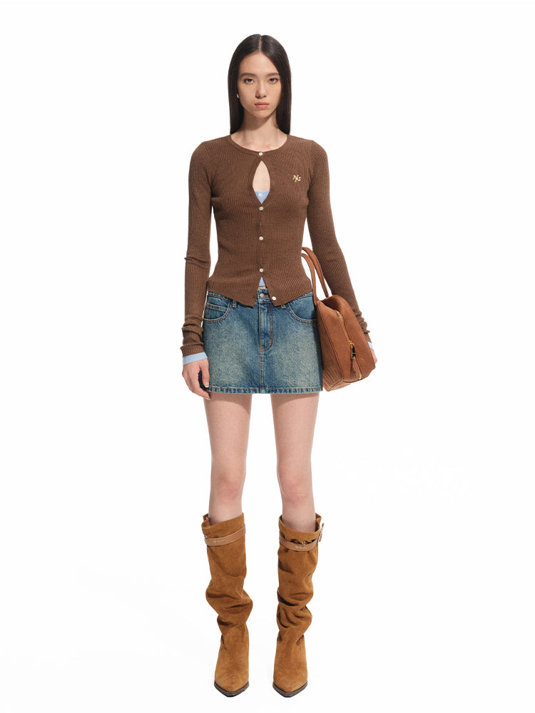Washed Denim Twill Leather Patchwork Mini Skirt - CHINASQUAD