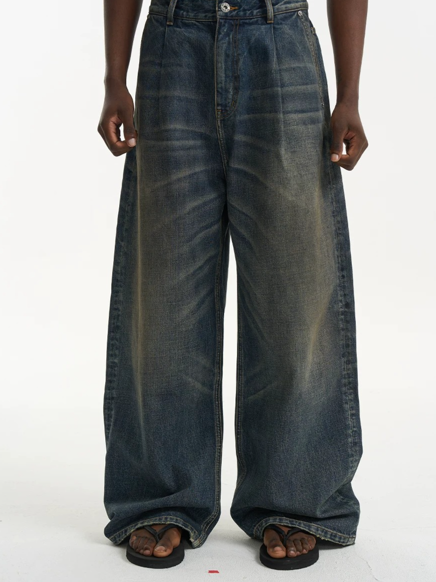 Vintage Pleated Wide-Leg Denim Jeans